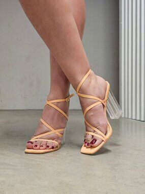 Peach Strappy Heeled Sandals With Clear Block Heel - Womens Trendy Open-Toe Desi